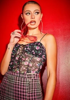 Poster Grl Choose Ur Cherry Ruched Lace Up Tank Tops